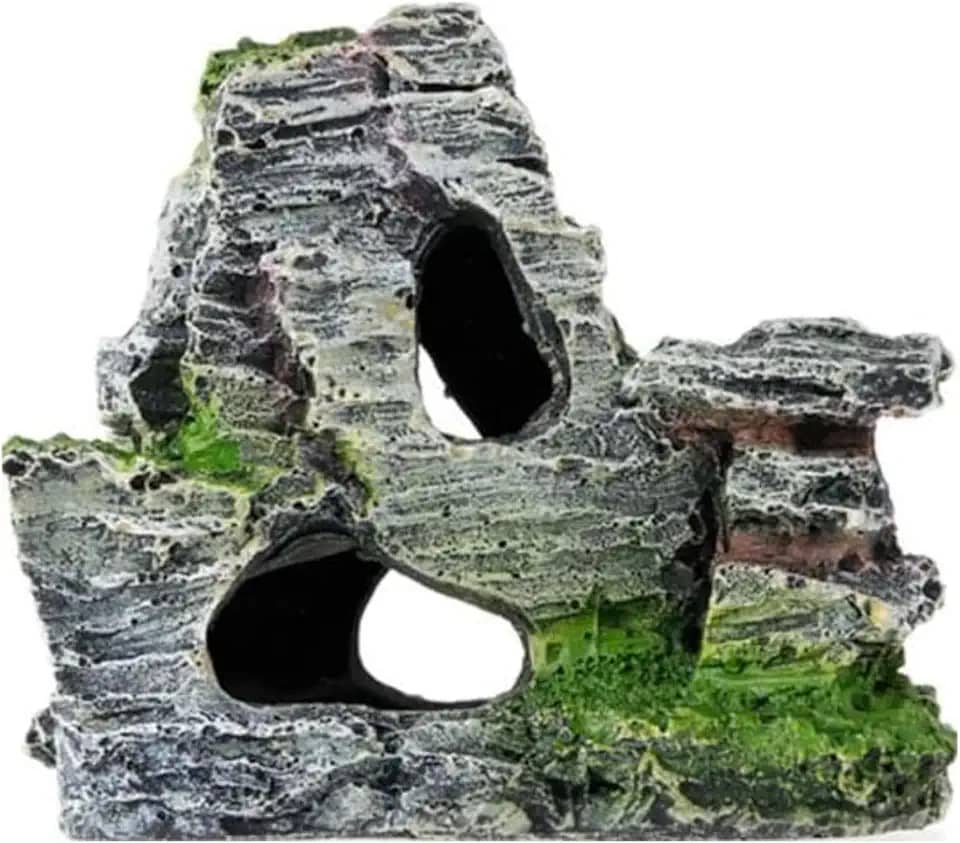 Caverna artificial de pedra de aquário de rocha de musgo, decoração de aquário de resina para esconder e paisagismo, ornamento de terreno de montanha pequeno, habitat de aparência natural para