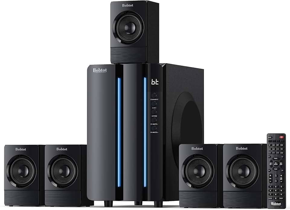 Bobtot Surround Sound Systems Sistema de cinema em casa, subwoofer de 800 watts de potência máxima de 6,5 polegadas, altifalantes estéreo com cabo 5,1/2.1, graves fortes com entrada ótica Bluetooth