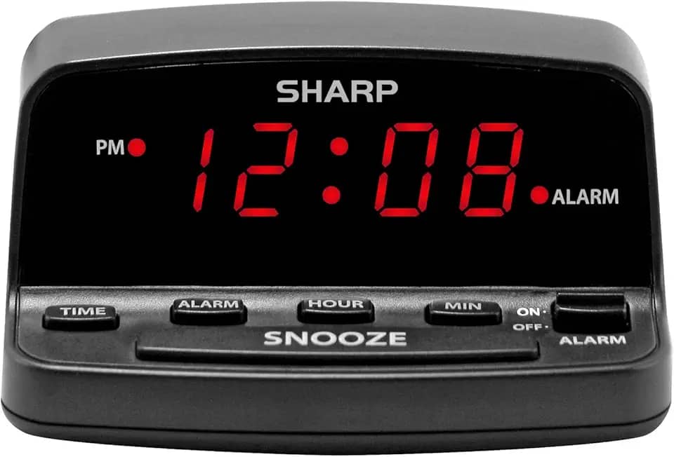 Sharp Despertador digital com controles de estilo de teclado, bateria reserva, fácil de usar com operação simples, caixa preta com visor LED vermelho