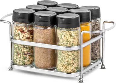 Porta Tempero Condimento 9 Potes Vidro Tampa Dosadora Suporte Cromado Organização Cozinha