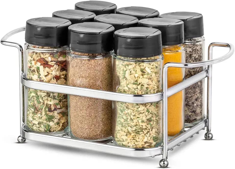 Porta Tempero Condimento 9 Potes Vidro Tampa Dosadora Suporte Cromado Organização Cozinha