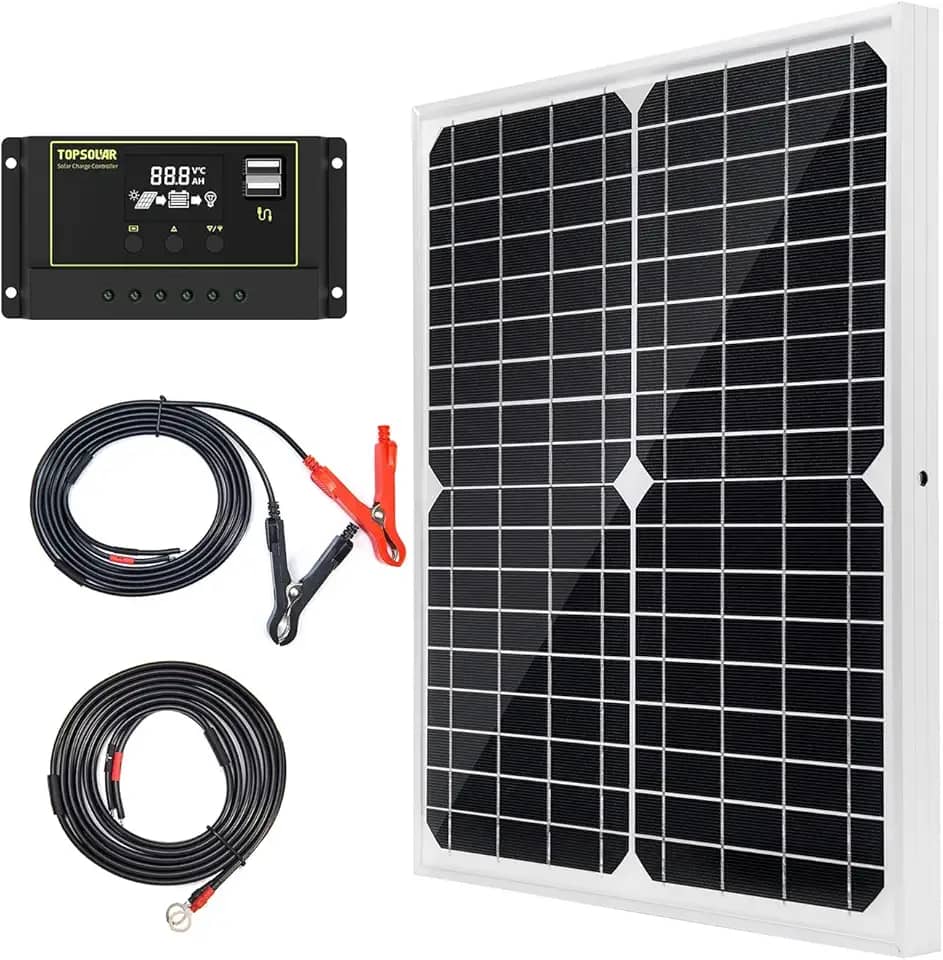 Kit Painel Solar 20W 12V Monocristalino com Controlador de Carga Solar 10A + Cabo de Extensão com Garras para Bateria e Terminal Olhal para Motorhome, Barco, Uso Marítimo e Sistema Off-Grid