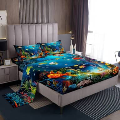 Conjunto de lençóis infantis completo com desenho animado oceano peixe oceano conjunto de roupa de cama temática marítima para meninos e meninas, macio e aconchegante, conjunto de lençóis do mundo subaquático com bolso profundo da vida marinha, vibrante