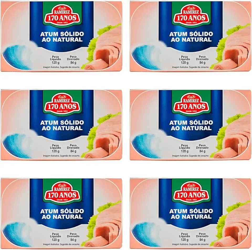Atum em Lata Sólido Light Ramirez em Água ao Natural 120g Dieta - Rico em Ômega 3 - Importado de Portugal - Tampa Abre Fácil - 6Un.