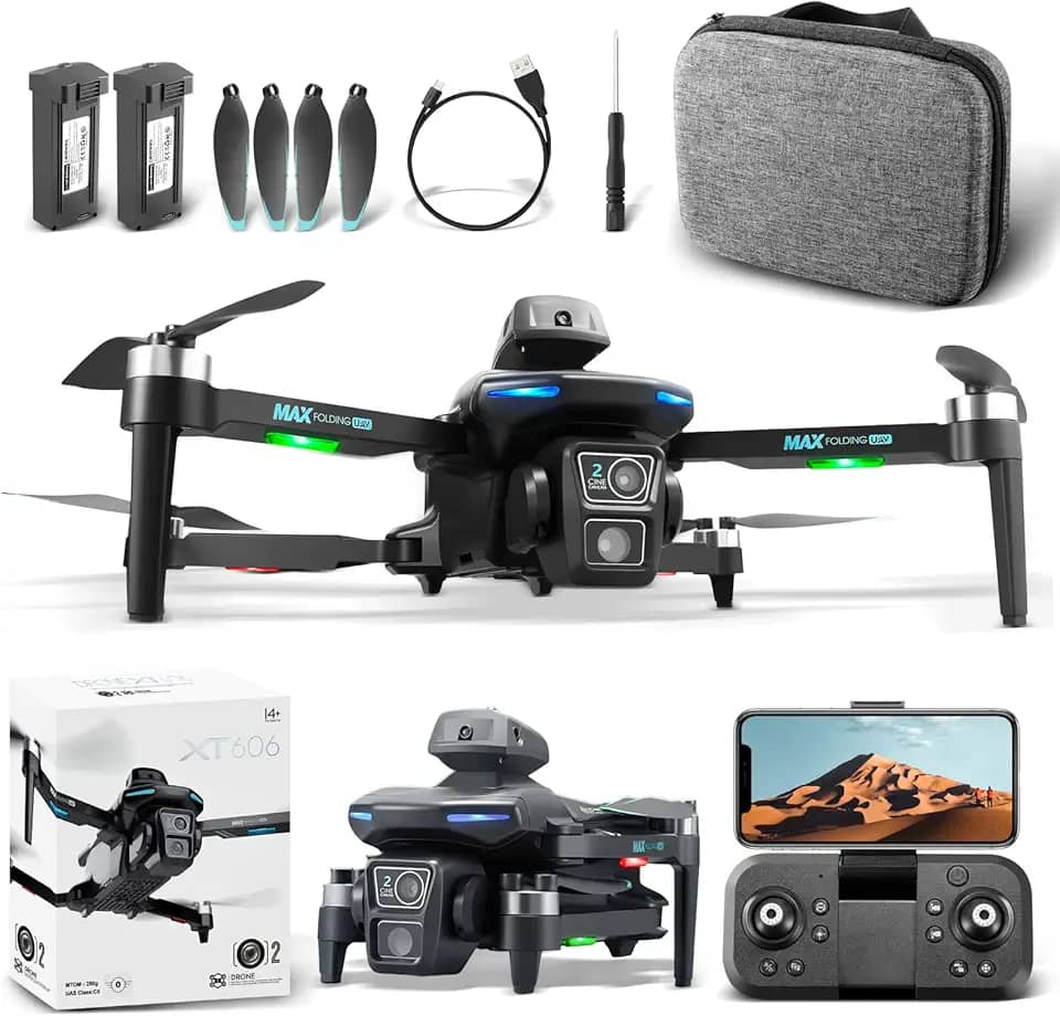 Drone com Câmera 4K, Controle Remoto, Drone MAX com Câmera HD, 90 Minutos de Autonomia, 100m de Alcance Gps Profissional Drone Fpv, Brinquedos Educativos, Dobrável e Portátil (XT606)