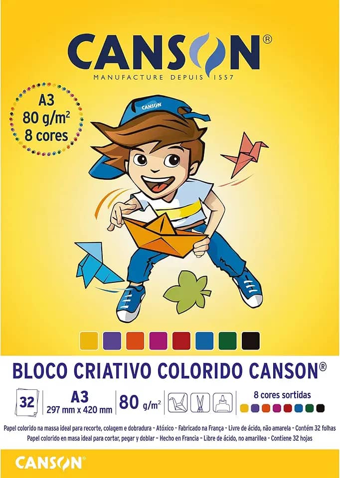 Bloco Colorido Criativo A3 80g/m², Canson, 66667089, 8 Cores, 32 Folhas