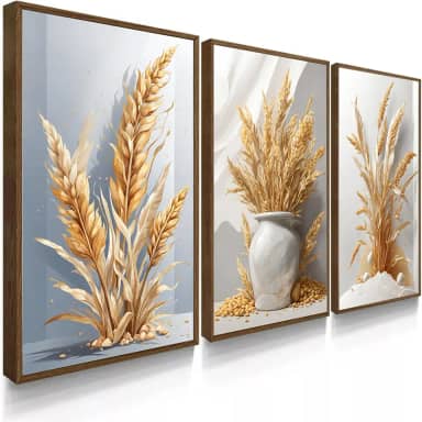 Kit 3 Quadro Decorativo Trigo Branco Dourado Prosperidade Fartura