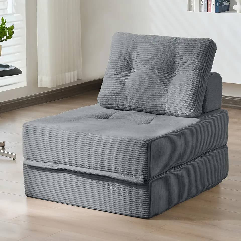 Eliirado Sofá-cama dobrável, cadeira de dormir conversível 3 em 1, veludo cotelê de espuma de alta densidade, futon, sofá, cadeira dobrável, cama para adultos, sala de estar, quarto, cinza