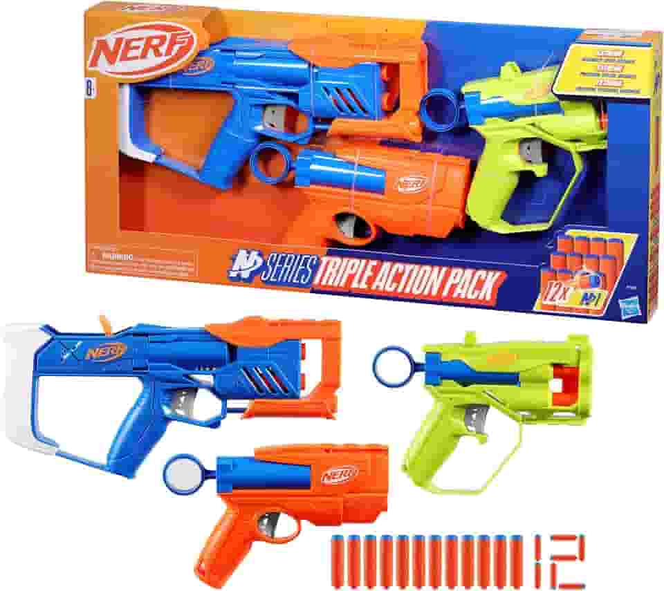 Nerf N Series Kit Triple Action com 3 lançadores e 12 dardos de espuma, brinquedos para meninos e meninas, para crianças acima de 8 anos