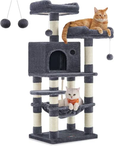 FEANDREA Árvore de gato moderna de 111,4 cm para gatos internos, condomínio para gatos em vários níveis com 5 postes de arranhar, poleiro, móveis para gatos, cinza fumê UPCT215G01