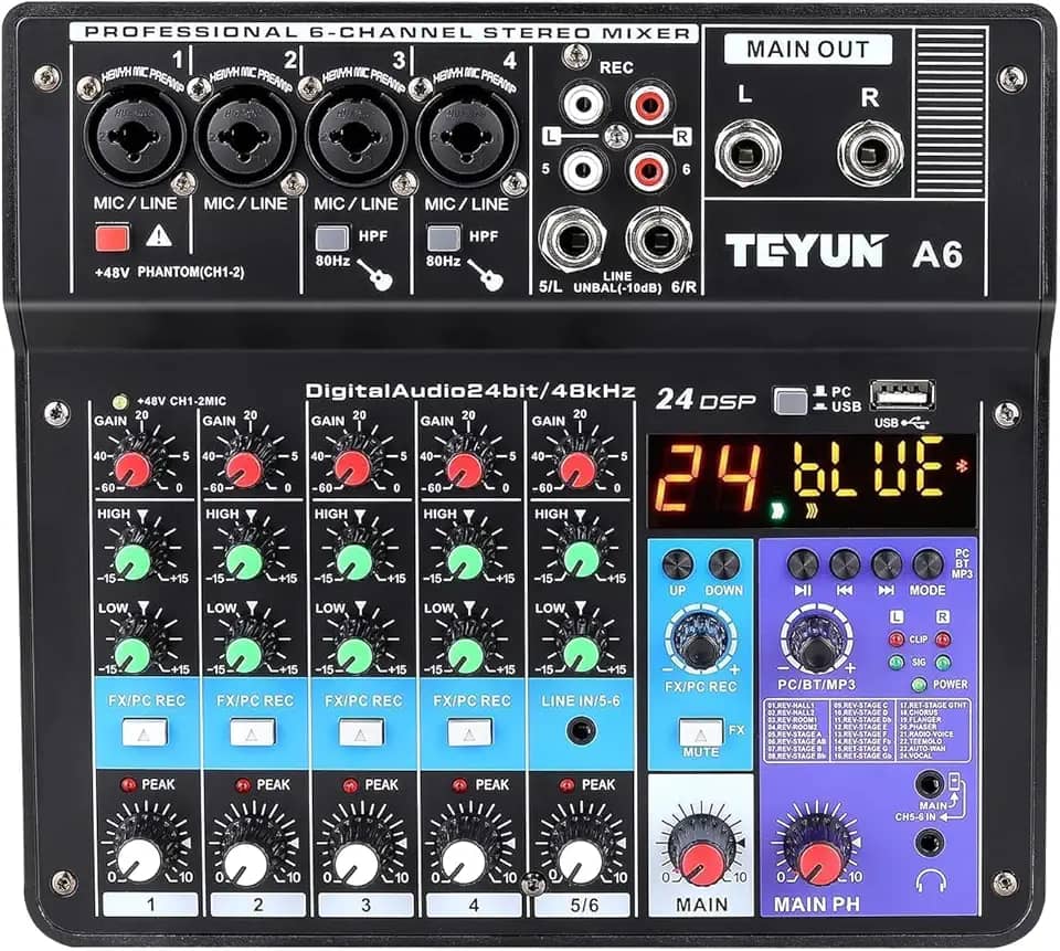 Mesa De Som 4/6/7/8/12 Canais Profissional Portátil Mixer Bluetooth Interface Gravação Audio Console com placa de som USB + 48V Phantom power (Mesa 6 Canais)