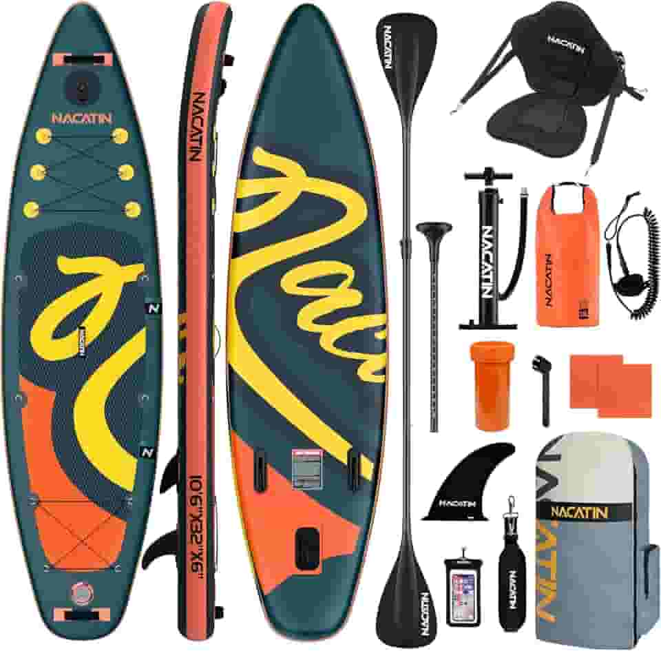 NACATIN Prancha de Stand Up Paddle Inflável com Assento de Caiaque, Versão Atualizada de 10'6' para Adultos com Acessórios de Sup Premium E Mochila, Remo Ajustável, Suporte para Câmera, Nadadeiras, Bo