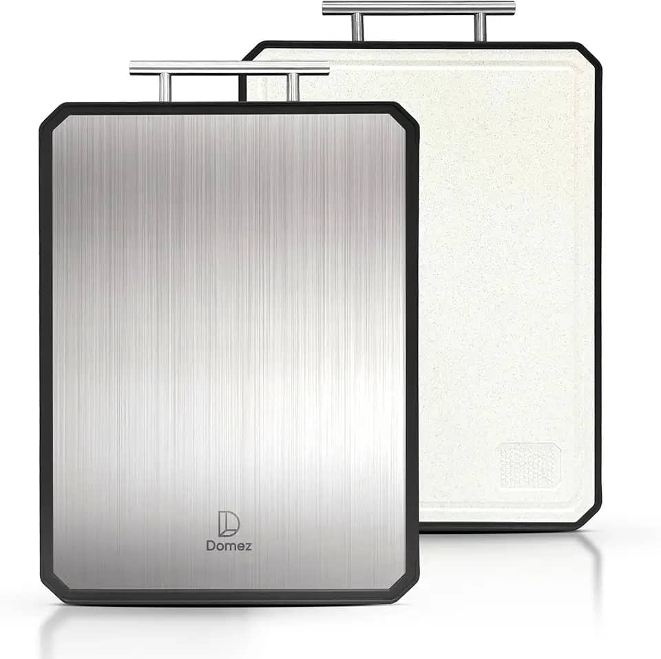 DOMEZ Tábua de Corte Inox Premium 2 em 1 para Cozinha, Durabilidade Superior e Sofisticação em Cada Detalhe. Dupla Face Ideal para Carnes, Frutas e Vegetais. Design Minimalista para Tábua de Frios.