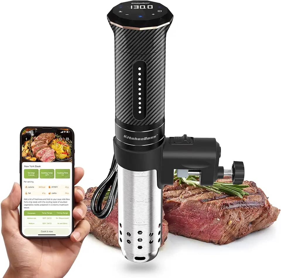 KitchenBoss Máquina de Sous Vide Wifi: Controle de Aplicativo Circulador de Imersão de Precisão Ultra-silenciosa, Aço Inoxidável Impermeável IPX7 1100W Máquinas Profissionais de Cozimento de Baixa