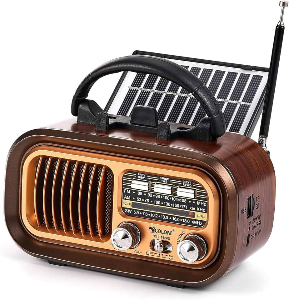 Rádio Retrô Portátil Vintage Bluetooth Multifuncional com Painel Solar Rádio FM AM SW 3 bandas Estilo Clássico Antigo Reprodutor USB TF 5 W Radio Retro Pilha para Casa Viagem