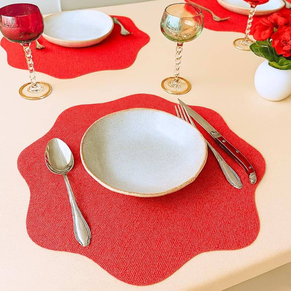Jogo Americano Redondo, Sousplat Decorativo com 6 Unidades e 6 Porta Copos, Sisal Vermelho, para Mesa Posta