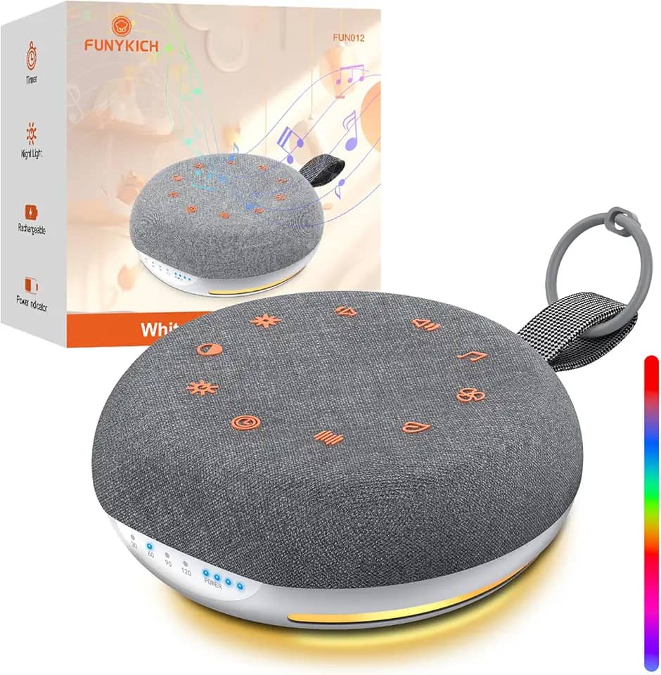 FUNYKICH Máquina de som de ruído branco, máquina de som portátil para dormir com 40 sons suaves, indicador de bateria, temporizador e luz noturna, máquina de ruído branco para adultos, bebês e