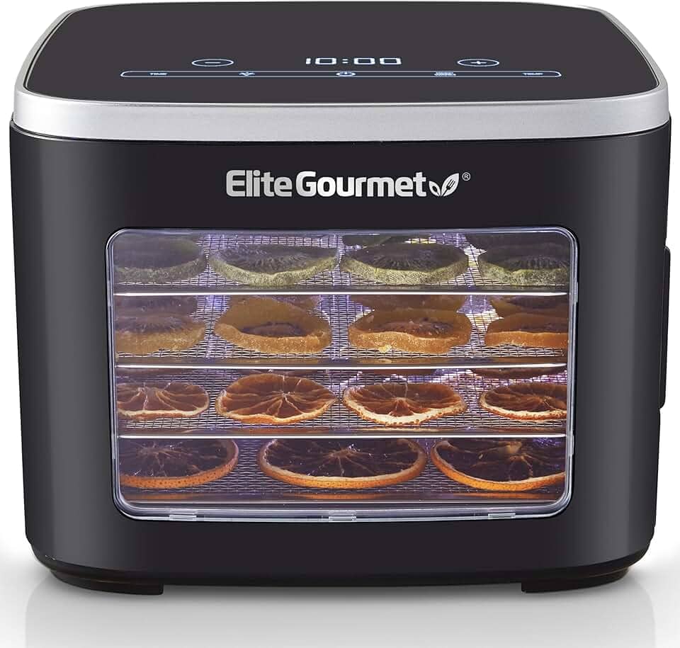 Elite Gourmet EFD809D Desidratador de alimentos com 5 bandejas de aço inoxidável, temperatura ajustável e tempo manter o calor, inclui luz interior, bandeja de rolos de frutas e folheto de