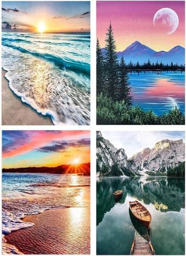 Pintura por números para adultos – Kit DIY de pintura por números para adultos, pacote em tela, pôr do sol, praia, pintura por números, para iniciantes, pintura acrílica, barco nas montanhas, lago,