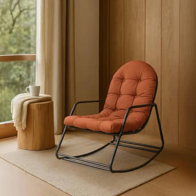 Cadeira Sossego Poltrona de Balanço e Descanso para Área Externa Coberta Estrutura de Metal Preta Almofada Acolchoada