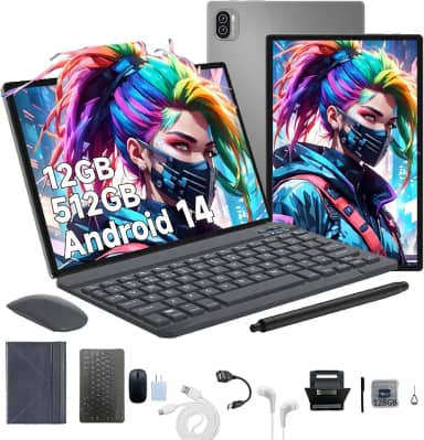 3 em 1 Tablet, com Capa/Teclado/Mouse, 10.1 Polegada, 1920×1200 Tela, 1920x1200 Tela Processador Octa-Core, 12GB RAM+512GB ROM, Câmera de 16MP + 32MP, Android 14, 8000mAh, Versão WiFi (Cinza)