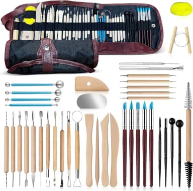 Kit Profissional de Ferramentas de Esculpir 43 peças kit Ceramica Fria com Esponja Artística e Escultura de Argila para Escultura em Cerâmica Fria, Modelagem de Artesanato