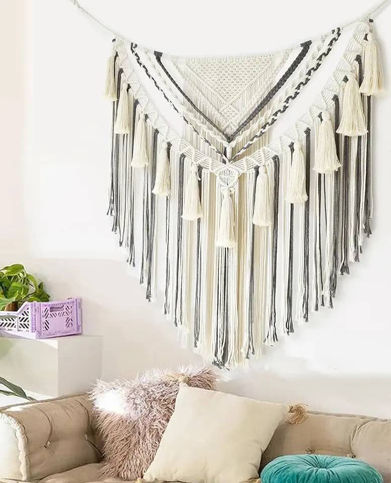Jakalin Macramê para pendurar na parede cinza pequeno macramê painéis de decoração de parede arte de parede artesanal decoração de quarto sala de estar, 78,7 cm L x 99 cm C