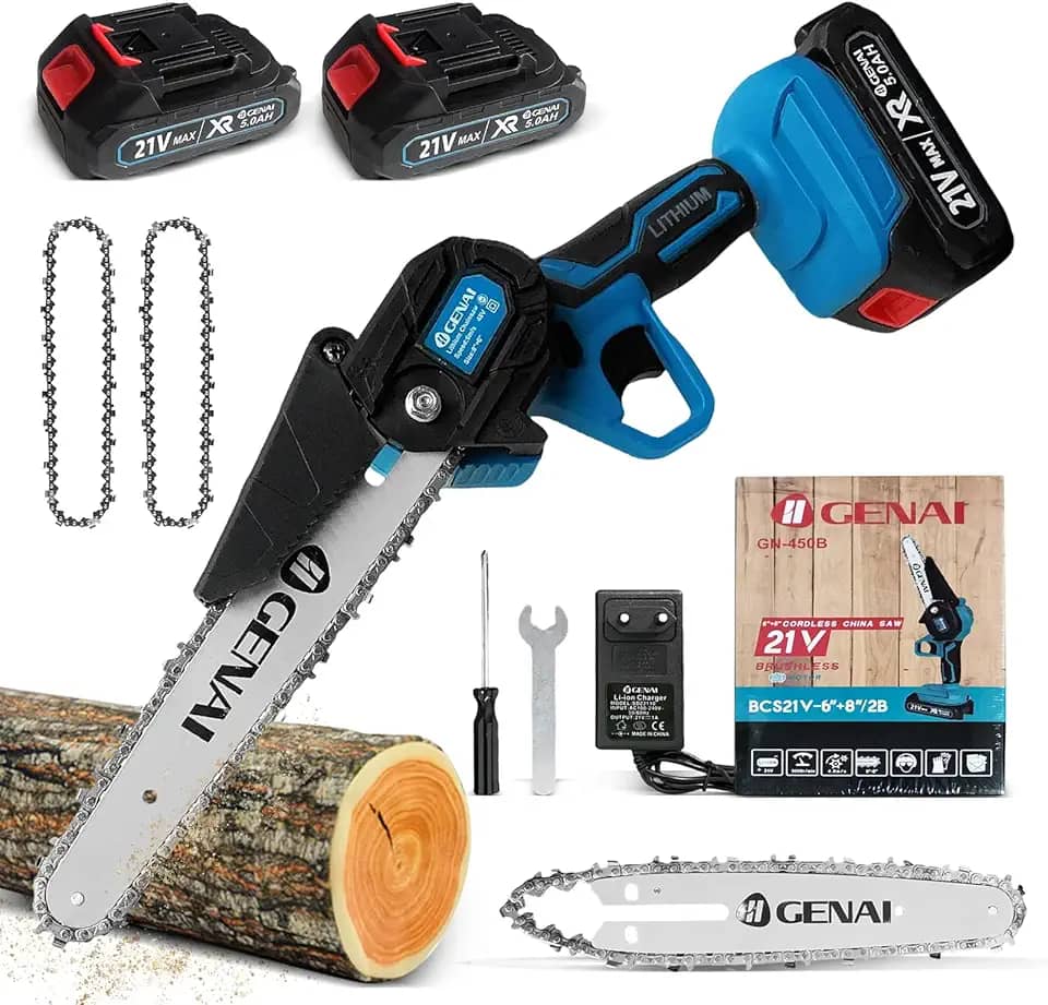 Mini Motosserra Elétrica a Bateria 21V, Serra Eletrica Portatil com Lâmina Serra 6''e 8", 2 1500mAh Bateria, Motoserra para Poda de Galhos e Corte de Madeira