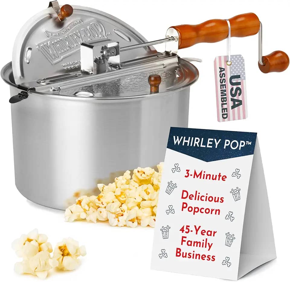 Máquina de pipoca original Whirley Pop – Pipoqueira Wabash Valley Farms Gourmet, panela de pipoca de alumínio com engrenagens de nylon, fogão de 3 minutos nostalgia pipoqueira (prata)