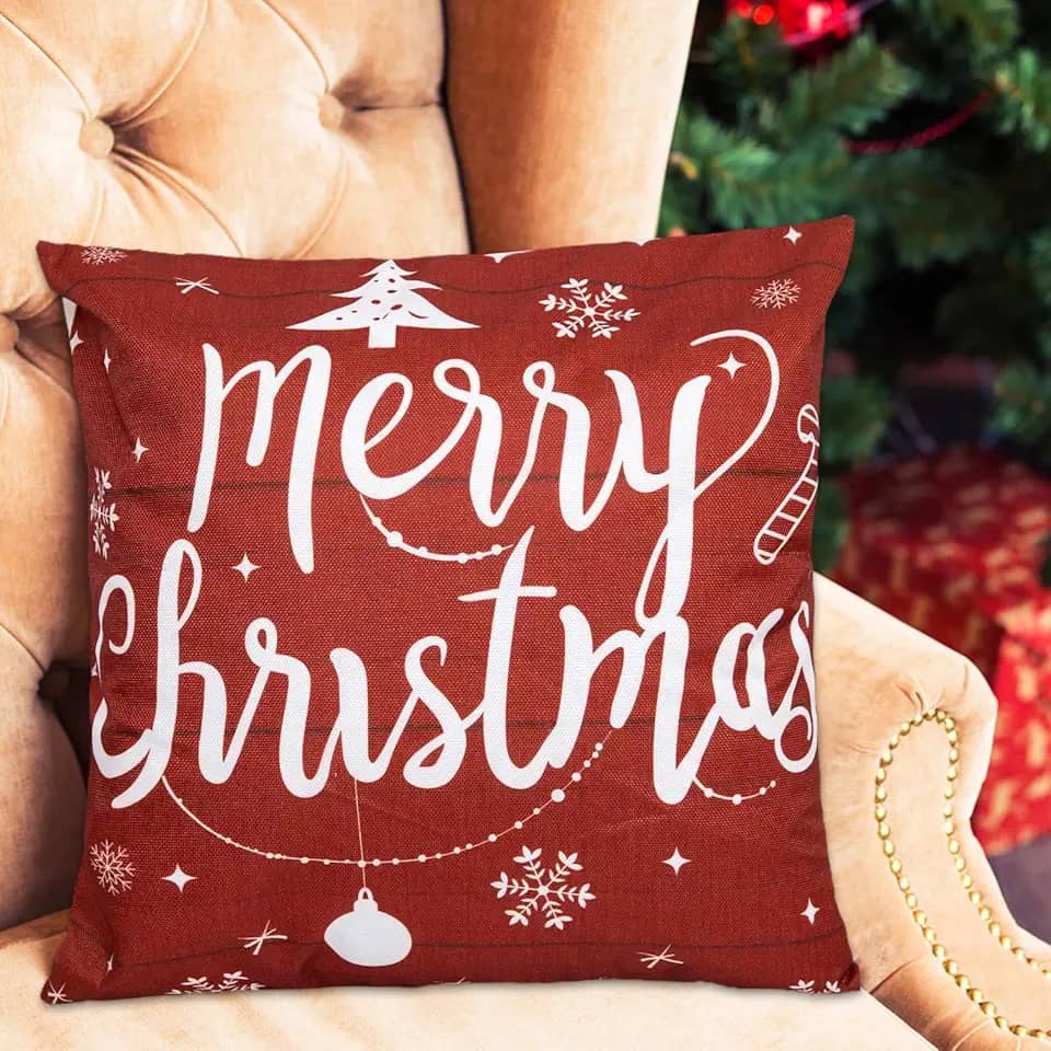 Capa de almofada decorativa Feliz Natal com letras flocos de neve festivo inverno fronha
