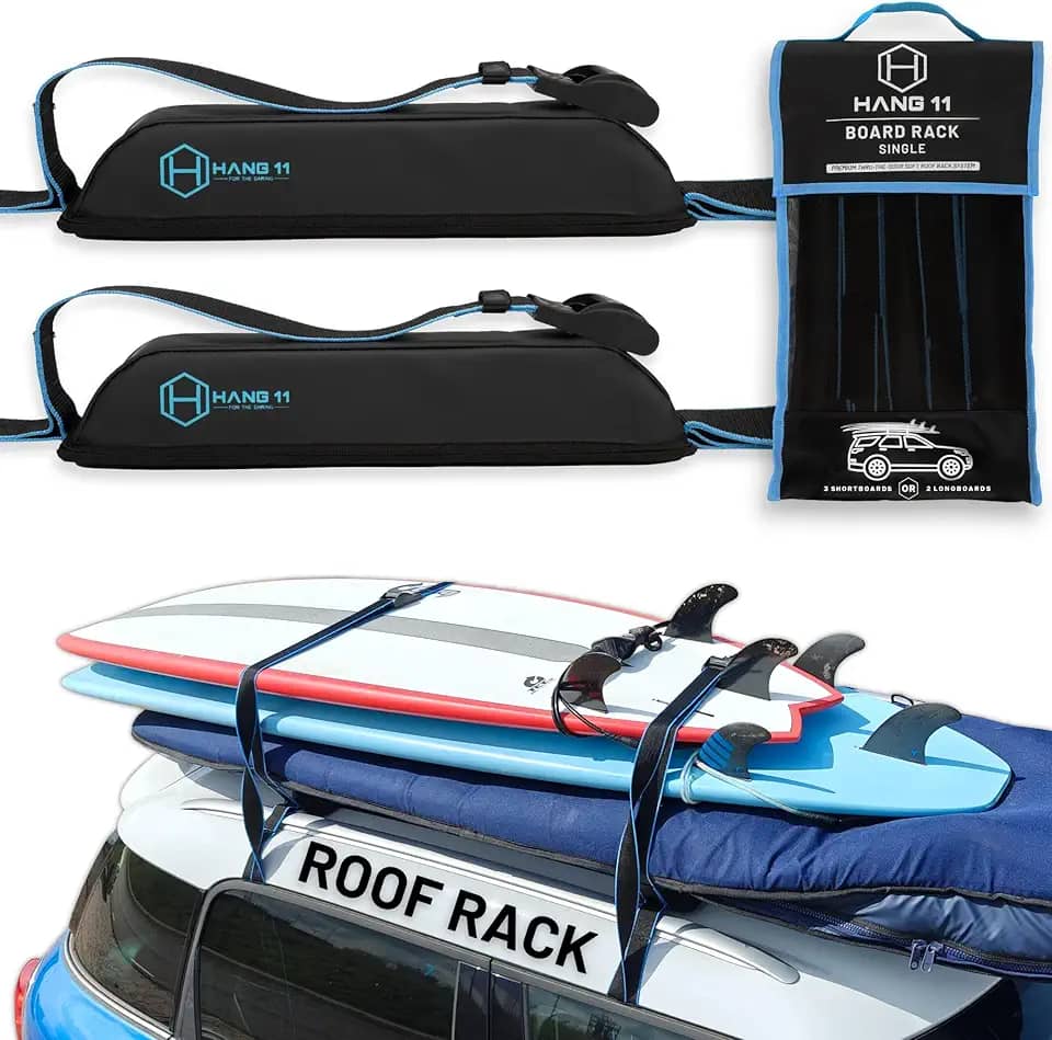 Hang 11 Rack de teto para prancha de surfe – serve para qualquer veículo, carrega até 3 pranchas, alças extra largas de 3,8 cm, suporte de carro para prancha de surf, suporte universal macio para