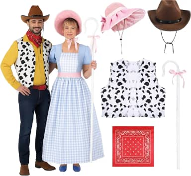 Conjunto de fantasia de Halloween para casais – Roupas combinando de cowboy e pastora ocidentais para adultos, 6 peças clássicas inspiradas em brinquedos para cosplay