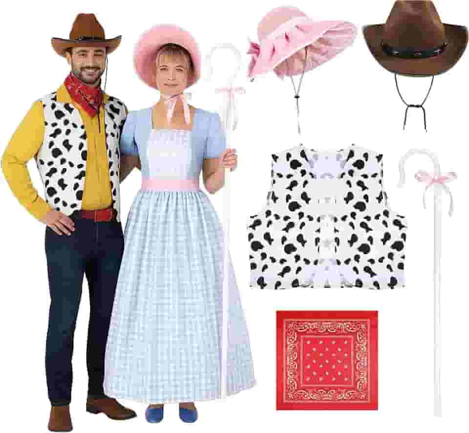 Conjunto de fantasia de Halloween para casais – Roupas combinando de cowboy e pastora ocidentais para adultos, 6 peças clássicas inspiradas em brinquedos para cosplay