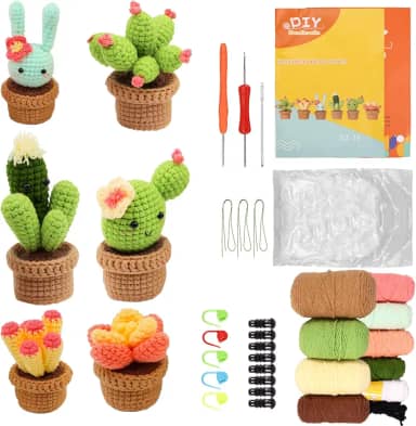 Kit de crochê 6 em 1 em vaso de plantas fofas, kits de crochê ergonômicos, produtos acabados podem ser usados como sacos de decoração de carro de mesa, kit de crochê para iniciantes profissionais