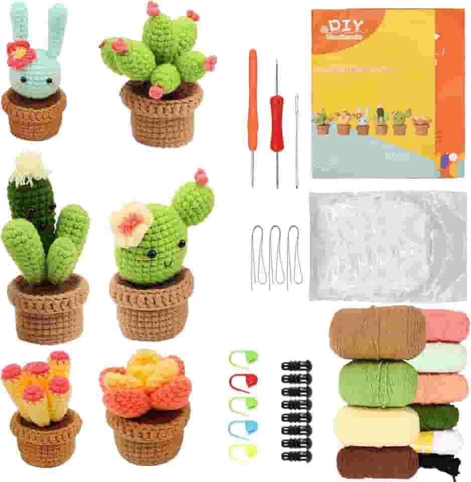 Kit de crochê 6 em 1 em vaso de plantas fofas, kits de crochê ergonômicos, produtos acabados podem ser usados como sacos de decoração de carro de mesa, kit de crochê para iniciantes profissionais