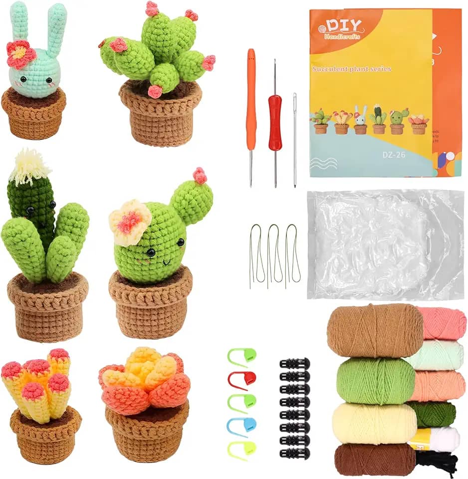 Kit de crochê 6 em 1 em vaso de plantas fofas, kits de crochê ergonômicos, produtos acabados podem ser usados como sacos de decoração de carro de mesa, kit de crochê para iniciantes profissionais