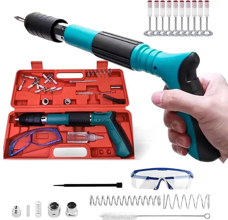 Pistola de Fixação Finca Pino Ferramenta Robusta Sistema de Segurança Compatível com Pinos com ou sem Ressaltos Inclui 10 Rebites Óculos de Proteção e Acessórios