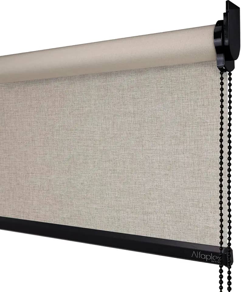 Cortina Persiana de Rolo Blackout (Comando lado DIREITO) (Linho Bege - SEM BANDÔ, 2,20 (lar) x 1,30 (alt) - Acabamento Preto)