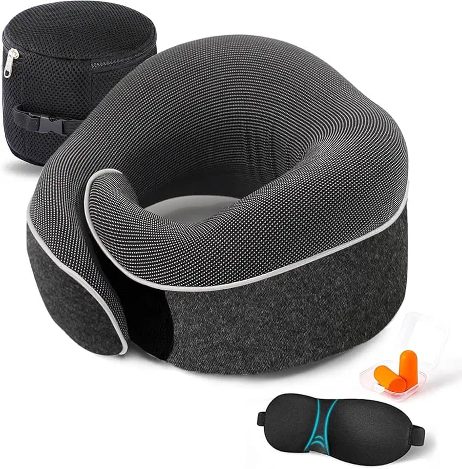 Travesseiro de pescoço para viagem com suporte de queixo ajustável 100% de espuma viscoelástica pura para casa, aviões e carro, ergonômico, macio, melhor travesseiro de pescoço inteiro para dormir (preto)
