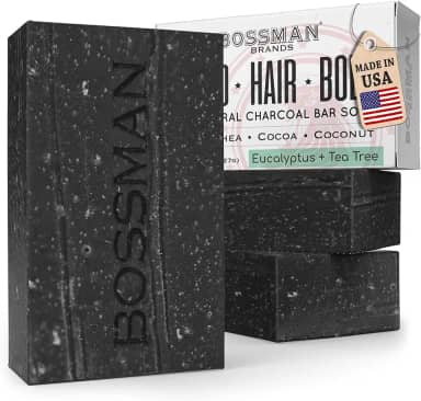 Bossman Pacote com 3 sabonetes de carvão 4 em 1 (113 g) – Sabonete em barra para homens – Lavagem de barba totalmente natural, xampu, sabonete corporal e solução de barbear – Perfume de eucalipto e