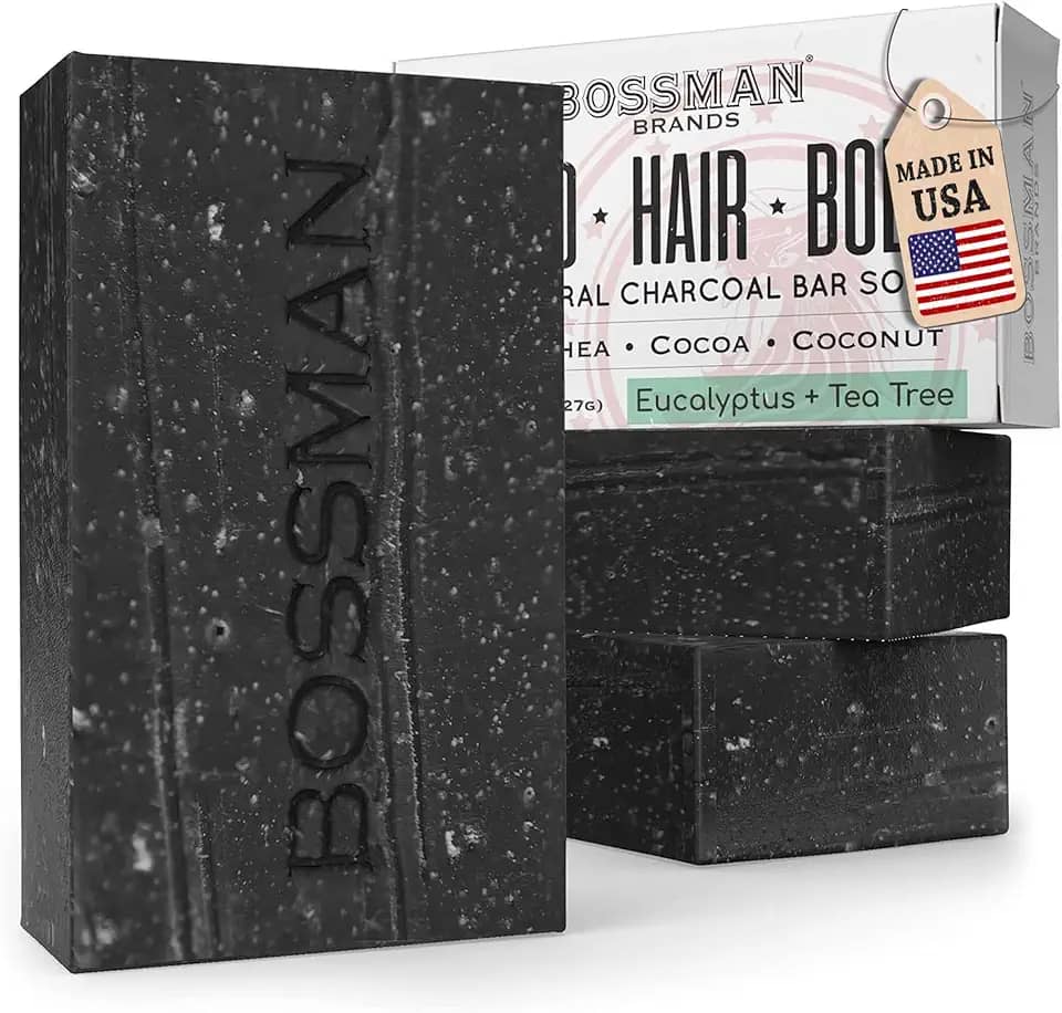 Bossman Pacote com 3 sabonetes de carvão 4 em 1 (113 g) – Sabonete em barra para homens – Lavagem de barba totalmente natural, xampu, sabonete corporal e solução de barbear – Perfume de eucalipto e