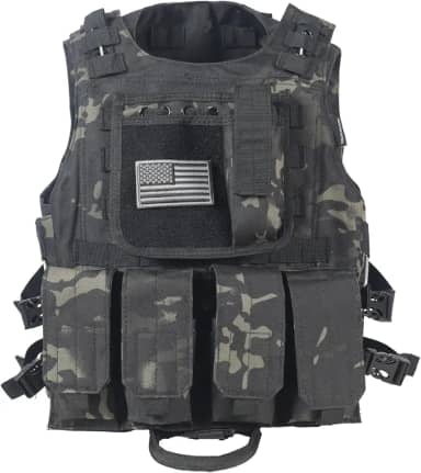 Colete tático Airsoft com emblema da bandeira dos EUA Molle PALS e 4 bolsas Mag, Multicam preto, Small-Large