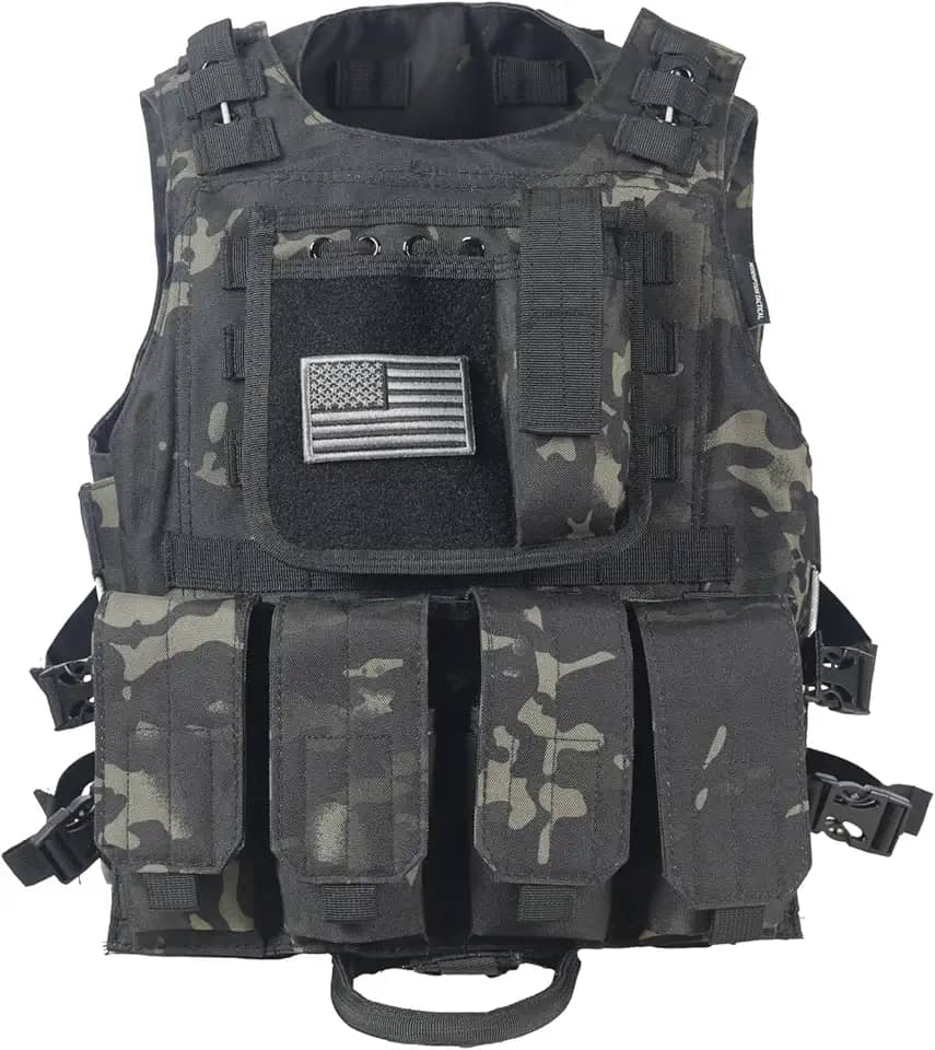 Colete tático Airsoft com emblema da bandeira dos EUA Molle PALS e 4 bolsas Mag, Multicam preto, Small-Large
