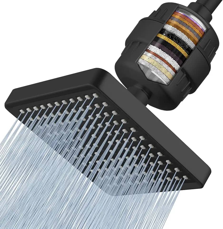 Voolan Chuveiro filtrado - Filtro de chuveiro de chuva luxuoso de 20 estágios para água dura para remover cloro e substâncias nocivas - Chuveiro quadrado de alta pressão de 15 cm (preto fosco)