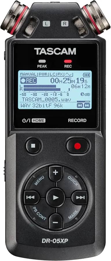 TASCAM DR-05XP - Gravador de Campo Portátil com Interface de Áudio USB-C - 32 Bits Flutuantes - Estéreo Digital para Música, Som, Voz e Podcasting