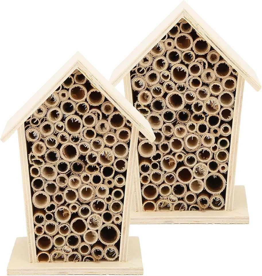 AYNEFY Bee Hotel 2pcs Casa de Madeira para Abelhas Polinizadoras Nativas, Caixa de Ninho de Abrigo de Insetos para Insetos Benéficos, Adorável Decoração de Jardim 11,1oz, Troncos + Reed