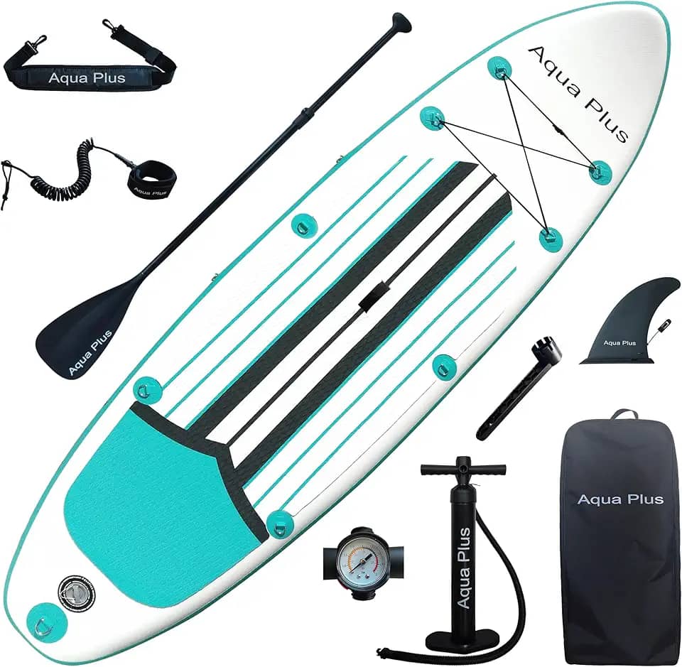 Aqua Plus SUP inflável de 15,24 cm de espessura para todos os níveis de habilidade, prancha de stand up paddle, bomba de ação dupla, mochila de viagem ISUP, correia, alça de ombro, juventude, prancha de remo inflável para adultos