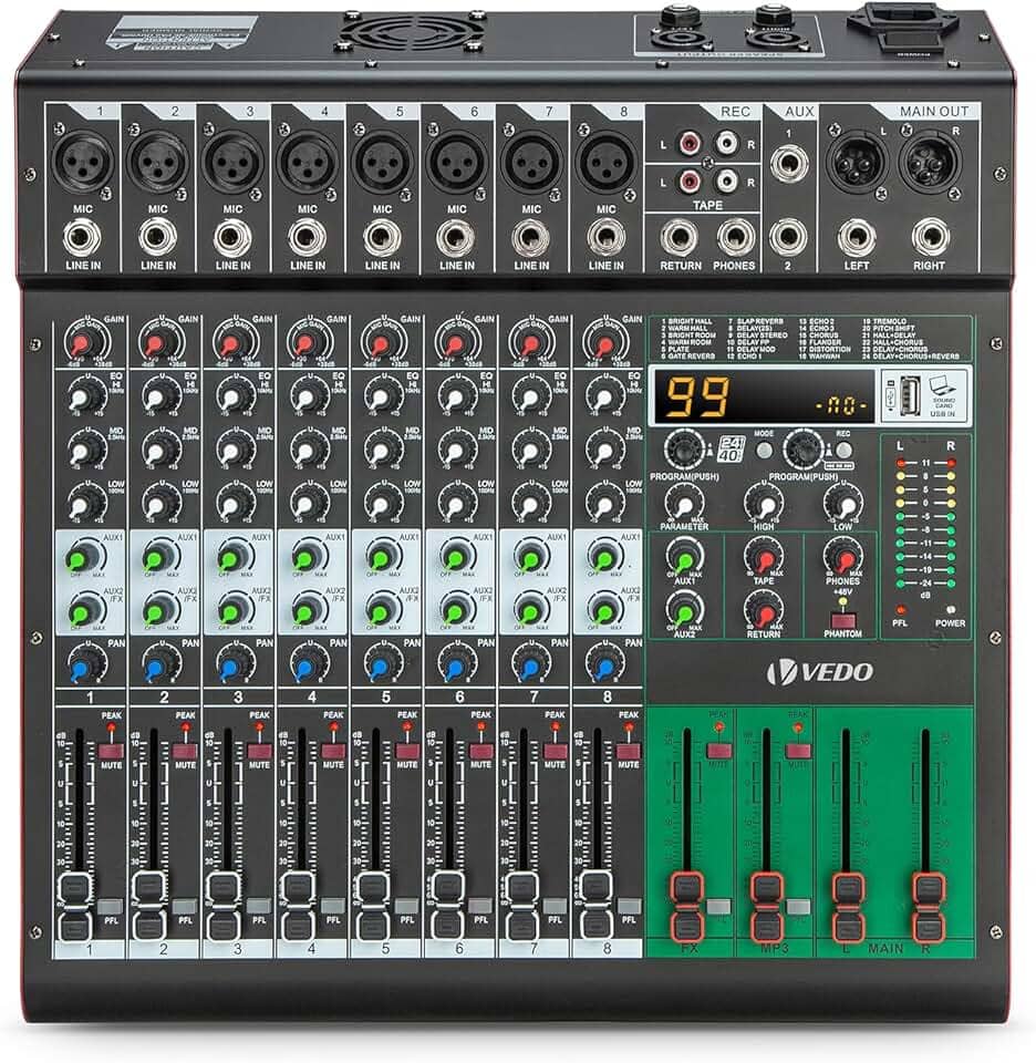 Mesa de Som Amplificada de 8 Canais com 99 Efeitos DSP, Amplificador de 500W×2, Bluetooth, USB/MP3, Phantom Power de 48V, EQ de 5 Bandas - Mesa de Mixagem Profissional