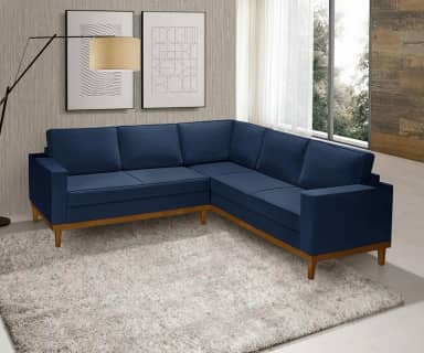 Sofá De Canto 5 Lug. Toronto - Base De Madeira - Veludo Azul