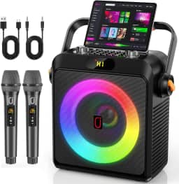 JYX Karaokê com 2 Microfones Sem Fio para Adultos e Crianças, Karaoke Portatil com Luzes de RGB DJ, Suporte para BT/TF/USB/AUX, Ajuste do ECHO/BASS, Para Festas Internas e Externas